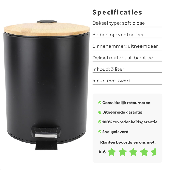 Cheqo® Luxe Prullenbak - Pedaalemmer - Afvalbak - 3 Liter - Bamboe Deksel - Mat Zwart