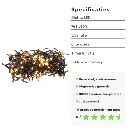 Cheqo® Kerstverlichting - Kerstboomverlichting - Kerstlampjes - LED Clusterverlichting - 768 Warm Wit - 5.5M Timer - Buiten & Binnen