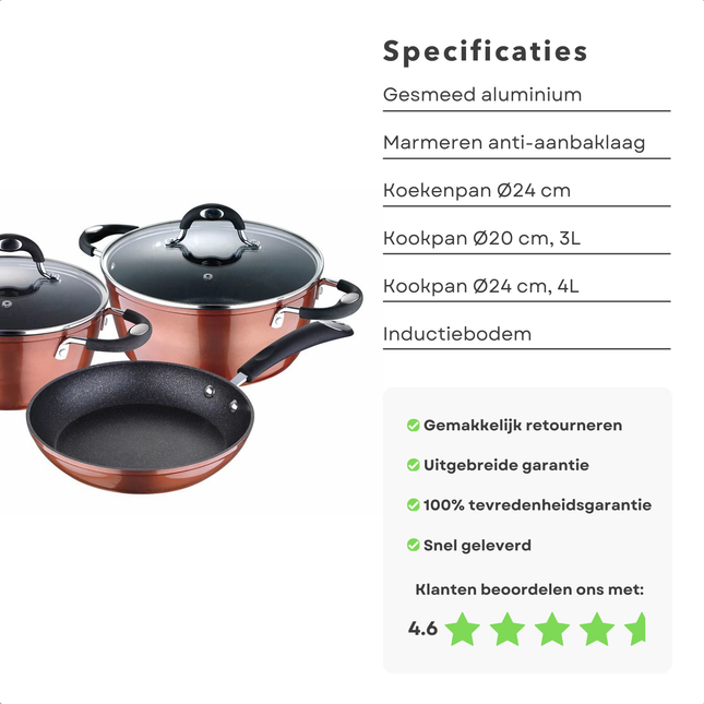Set van drie Cheqo® pannen met marmeren anti-aanbaklaag, specificaties en klantbeoordeling, ideaal voor alle warmtebronnen inclusief inductie.