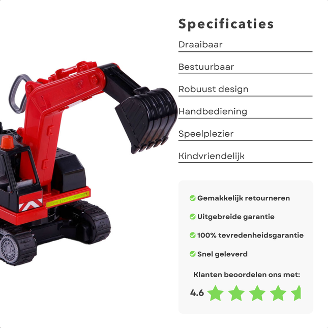 Cheqo® Speelgoed Graafmachine - Graaf Machine - Kraan Rood/Zwart - Draaibaar & Bestuurbaar - Ideaal voor Kinderen