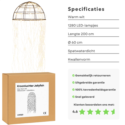 Cheqo® Kerst Kroonluchter - Kerstfiguur - Warm Witte LED - Spatwaterdicht - 1280 LED Lampjes - Metalen Frame - Kwal Vorm - Buitenverlichting - Zilveren Kroonluchter - Kerstverlichting Buiten - LED Kerstverlichting