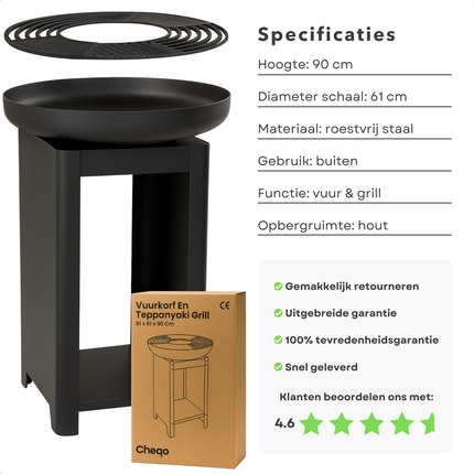 Cheqo® Vuurkorf met BBQ - Barbecue Roestvrij Staal - Grillring - Plancha Grill - Vuurschaal - Buitenkeuken met Houtopslag - 2-in-1 Grill en Terrashaard - Inclusief Teppanyaki Plaat