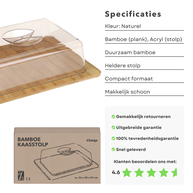 Cheqo® Bamboe Kaasstolp - Kaasdoos - Kaashouder - Vershoudbakje - Duurzame Kaasplank met Deksel