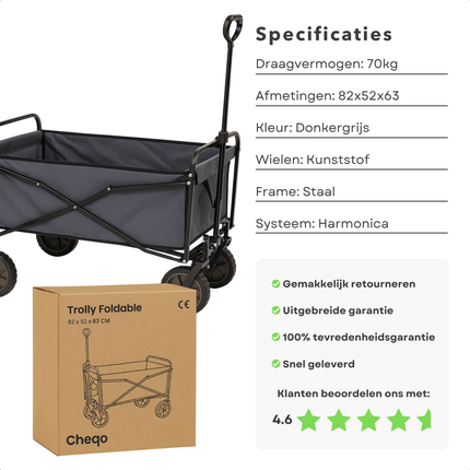 Cheqo® Opvouwbare Bolderkar – Trolley met Trekstang & Harde Wielen – 70 Kilo Draagvermogen – Inklapbaar Ontwerp – Transportwagen voor Dagje Uit – Compacte Opslag – Geschikt voor Strand – Stevige Constructie – Niet voor Huisdieren of Mensen