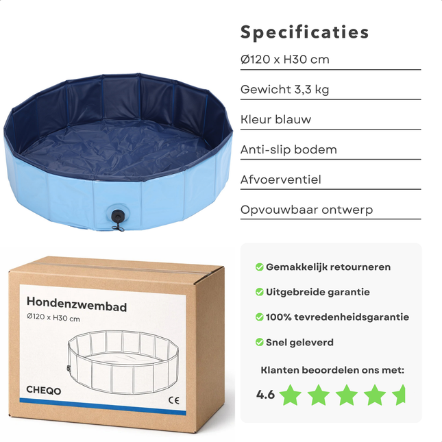 Cheqo® Hondenzwembad - Zwembad Voor Honden - Hondenbad - Honden Zwembad Opvouwbaar - Zwembad Voor Huisdieren - Dierenzwembad - Blauw Hondenzwembad - Hondenzwembad Middelgrote Honden