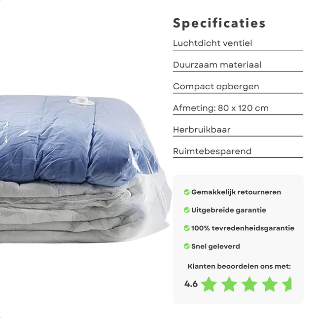 Cheqo® XXL Vacuümzak voor Kleding - Opbergzak - Reiszak - Luchtdicht Ventiel - Ruimtebesparend 80x120 cm - Ideaal voor Opbergen