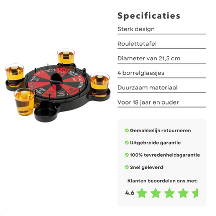 Cheqo® Roulette Drankspel - Drinkspel - 4 Shotglaasjes - Voor Volwassenen - 18+ - 21.5 cm - Party Game - Verjaardagsspel - Studenten Spel - Compact Design - Gemakkelijk Mee Te Nemen - Eenvoudig te Spelen Actiespellen