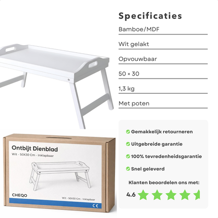 Cheqo® Ontbijt op Bed Dienblad - Ontbijt op Bed Tafeltje - Bedtafel - Bedtafeltje - Beddienblad - Schoottafeltje - Schoottafel - Laptoptafel Bed - Laptoptafeltje Bed - Dienblad met Poten - Inklapbaar Dienblad
