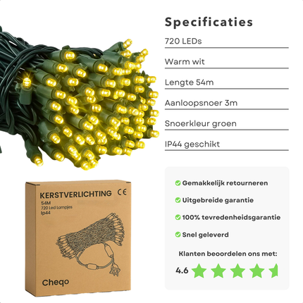 Cheqo® Kerstverlichting Binnen En Buiten - 720 LED Lampjes - Warm Wit Licht - 54 Meter Lichtsnoer - IP44 Beschermklasse - LED Lichtsnoer - Groen Snoer - Energiezuinig 9W - 3 Meter Aanloopsnoer - LED Lampjes - Kerstlampjes - Kerstboomverlichting