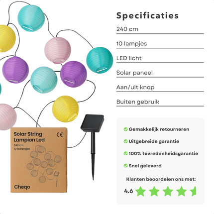 Cheqo® Solar Lampionnen Slinger - LED Lampionnen - Tuinverlichting Op Zonne-Energie - Buitenverlichting Lichtslinger - Kleurrijke Lampionnetjes - Solar Lichtsnoer - Sfeerverlichting Buiten - Zonnepaneel Verlichting - Feestverlichting Tuin