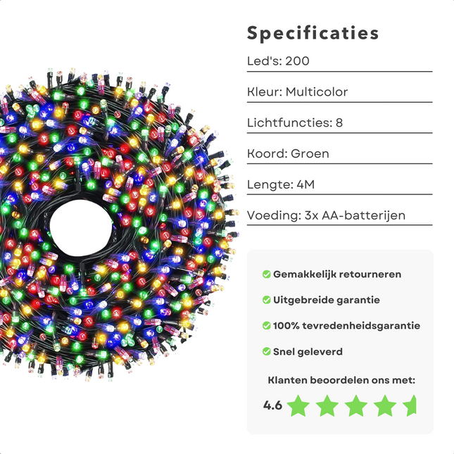 Cheqo® Kerstverlichting - Kerstboomverlichting - Kerstlampjes - 200 LED - 4M - Voor Binnen en Buiten - Timer - Veelkleurig - 8 Lichtfuncties - Op Batterijen - Multicolor - Gekleurde Kerstverlichting - Sfeerverlichting - Feestverlichting Kerstboomverlichting