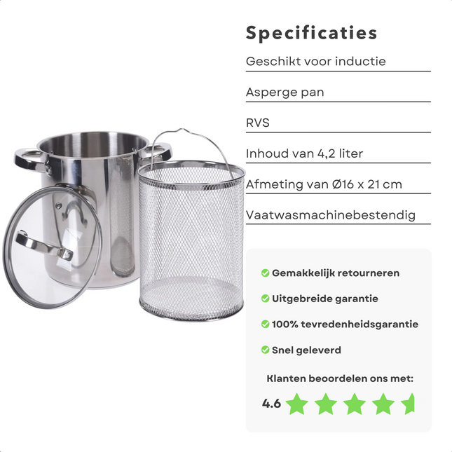 Cheqo® RVS Aspergepan met Glazen Deksel en Uitneembare Mand - 4.2 liter - Geschikt voor alle Warmtebronnen - Ø16 x H21 cm - Ideaal voor het Koken van Asperges - Pastakoker - Aardappelkoker - Pastapan Aspergepannen