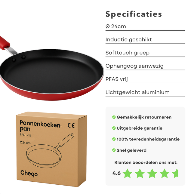 Cheqo® Pannenkoekenpan 24 cm - Pannenkoekpan PFAS Vrij - Crepe Pan - Koekenpan voor Pannenkoeken - Keramische Anti-aanbaklaag - Ook voor Inductie - Rood