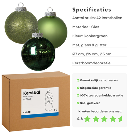 Cheqo® Donkergroene Glazen Kerstballen - Kerstboomversiering Donkergroen - Glans En Mat - Glitter Kerstballen - Kerstbal Set Van 42 Stuks - Verschillende Afmetingen - Rode Kerstballen - Kerstbal Rood