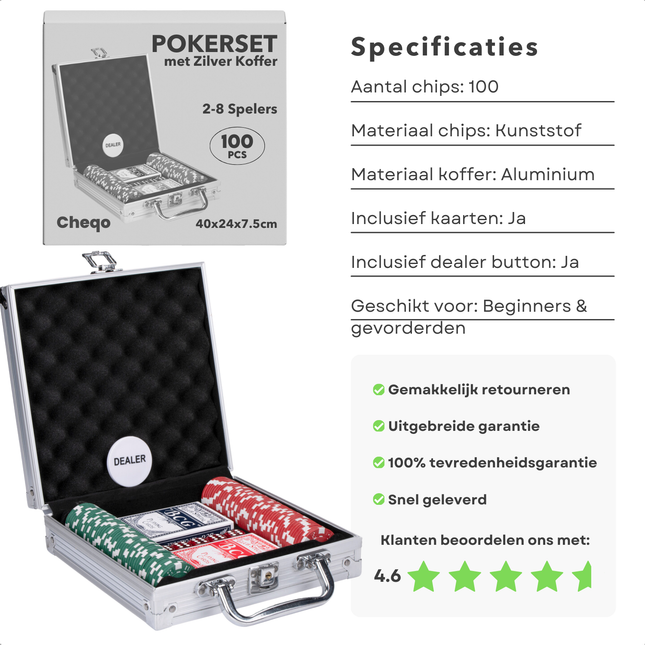 Cheqo® Poker Set 100 Stuks - Pokeren Set - Pokerset - Pokerkoffer - Aluminium Koffer - Inclusief Kaarten en Accessoires