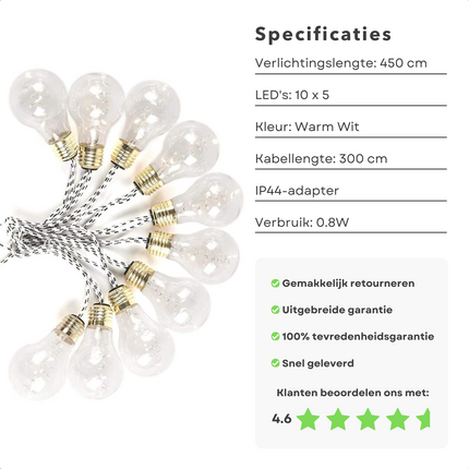 Cheqo® Warm Witte LED Tuinfeestverlichting - Lichtslinger - Lichtsnoer - Tuinverlichting - 450cm Buitenverlichting met Gevlochten Snoer - Feestverlichting