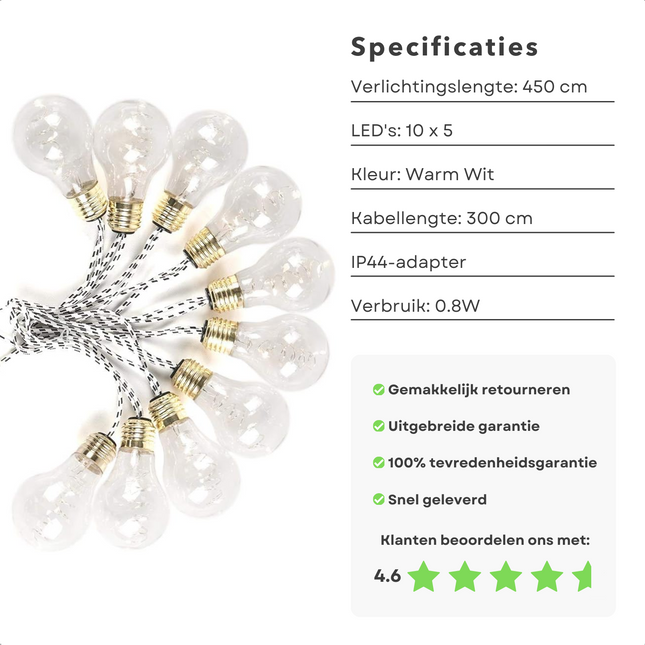 Cheqo® Warm Witte LED Tuinfeestverlichting - Lichtslinger - Lichtsnoer - Tuinverlichting - 450cm Buitenverlichting met Gevlochten Snoer - Feestverlichting