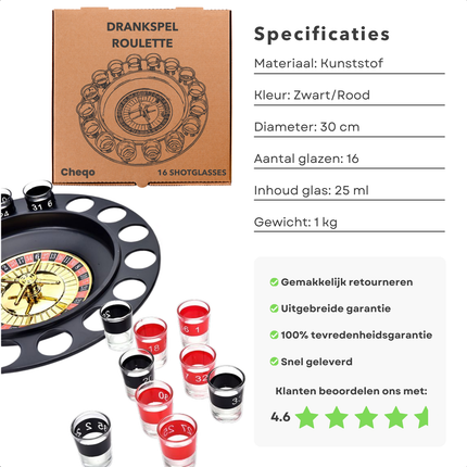 Cheqo® Drinkspel Roulette - 16 Shotglazen Set - Drankspel - Drankspelletje - Feestspel Accessoires - Diameter 30 cm