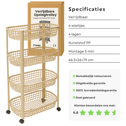Cheqo® Keukentrolley Op Wielen - Verrijdbare Keukentrolley - 4 Lagen Trolley - Kunststof Trolley - Beige Keukentrolley - Opbergtrolley Met Manden - Keuken Opbergoplossing - Compacte Keukentrolley - Keuken Organizer - Badkamer Organizer