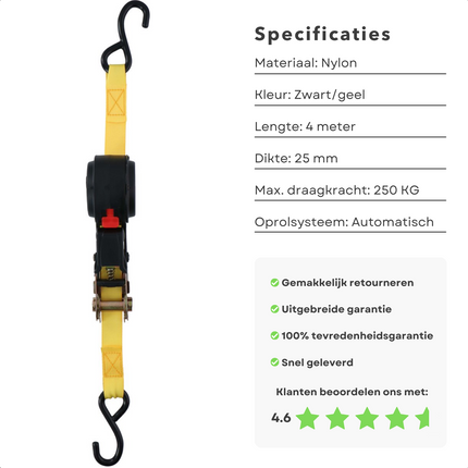 Cheqo® Nylon Spanband - 4 Meter - Sjorbanden - Bindriemen - Met Ratel - Elastische Banden - Multifunctioneel - Hoge Kwaliteit - Extra Sterk - Metalen Haak - Stevige Gesp - Max. 250KG - Verhuishulp - Nylon - Automatisch Oprolsysteem Spanbanden