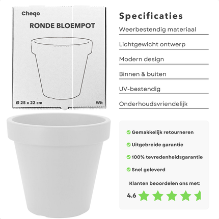 Cheqo® Ronde Witte Bloempot - Plantenbot Wit - 25cm - Kunststof Pot voor Binnen en Buiten