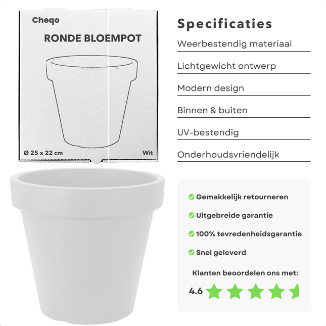 Cheqo® Ronde Witte Bloempot - Plantenbot Wit - 25cm - Kunststof Pot voor Binnen en Buiten