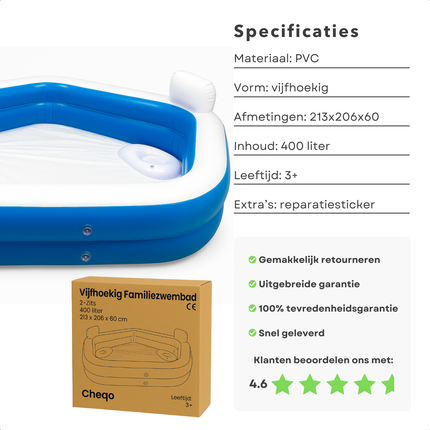 Cheqo® Vijfhoekig Opblaasbaar Familiezwembad - Zwembad - Opblaasbad - PVC - Bad Met Loungestoelen en Bekerhouders