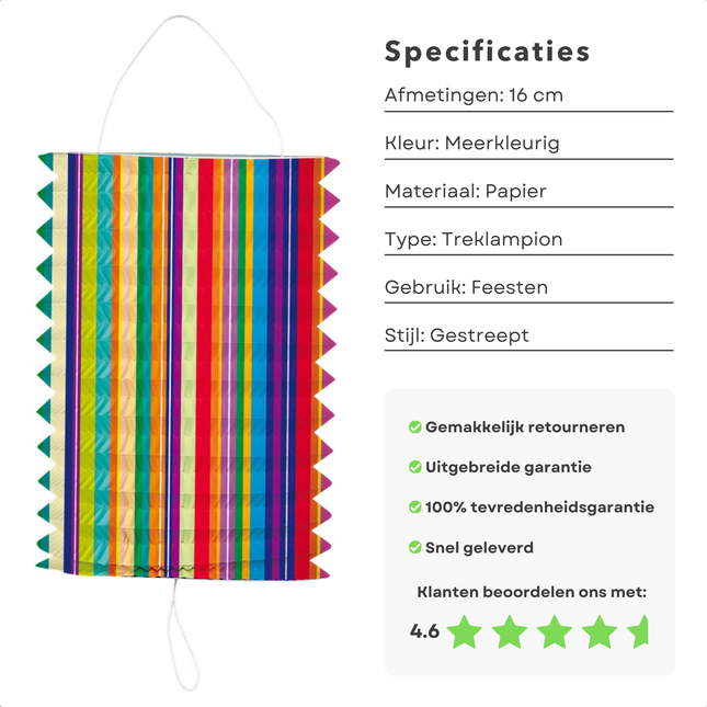 Cheqo® Treklampion Papier 16 cm - Sint Maarten Lampion - 11 november - Kleurrijke Strepen