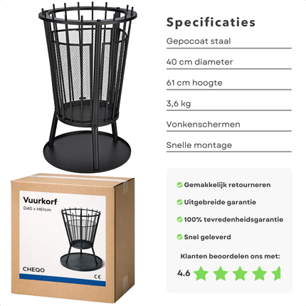 Cheqo® Vuurkorf - Vuurkorf Met Vonkenscherm - Vuurkorf Voor Buiten - Vuurkorf Met Bodemplaat - Vuurkorf Rond - Zwarte Vuurkorf - Vuurkorf Op Poten