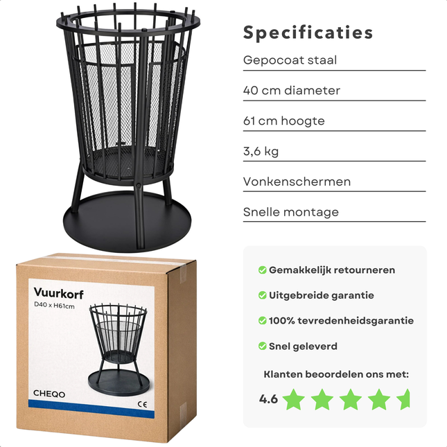 Cheqo® Vuurkorf - Vuurkorf Met Vonkenscherm - Vuurkorf Voor Buiten - Vuurkorf Met Bodemplaat - Vuurkorf Rond - Zwarte Vuurkorf - Vuurkorf Op Poten