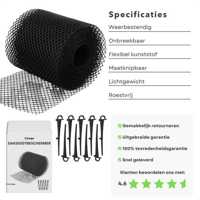 Cheqo® Dakgootbeschermer - Dakgootbescherming - Tegen Bladeren in Dakgoot - Bladvanger - Dakgoot Beschermer - Kunststof Gaas - 6 Meter