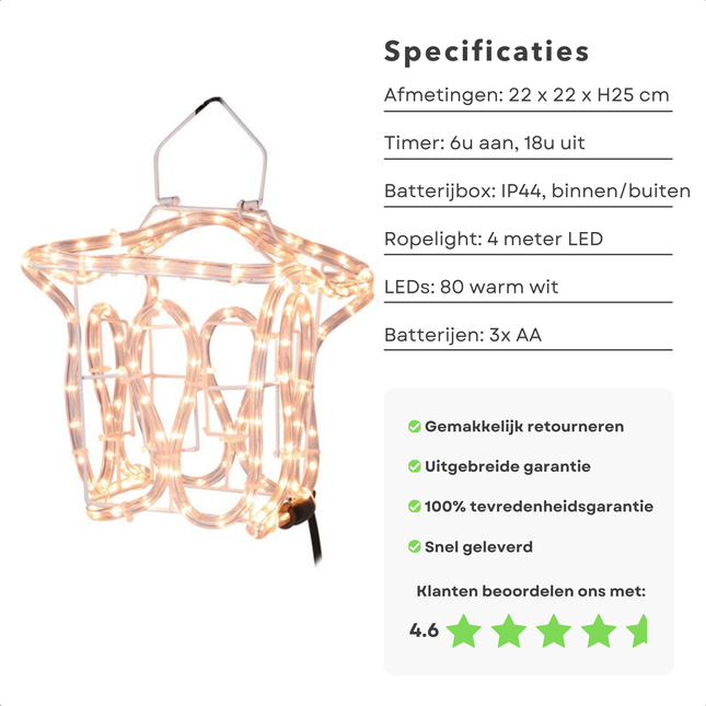 Cheqo® Kerstlantaarn - Metalen LED Lantaarn met Timer - Kerstdecoratie Tuin - Warm Wit Batterijverlichting