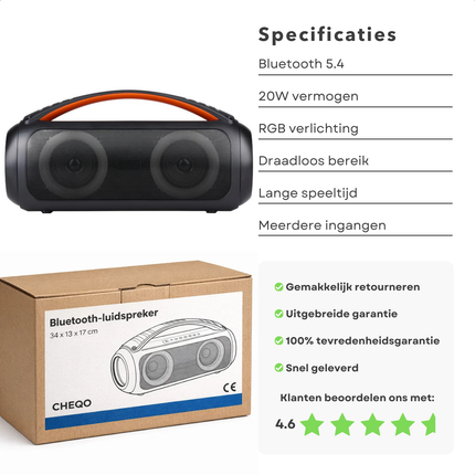 Cheqo® Boombox Speaker - Boombox Bluetooth Speaker - Bluetooth Boombox - Draagbare Boombox - Draadloze Boombox - Boombox Luidspreker - Muziek Box Bluetooth - Draagbare Bluetooth Speaker - Party Speaker - Speaker Met Licht