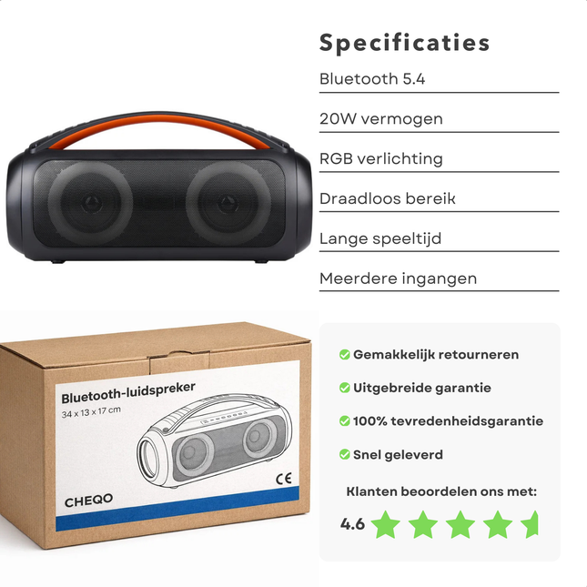Cheqo® Boombox Speaker - Boombox Bluetooth Speaker - Bluetooth Boombox - Draagbare Boombox - Draadloze Boombox - Boombox Luidspreker - Muziek Box Bluetooth - Draagbare Bluetooth Speaker - Party Speaker - Speaker Met Licht