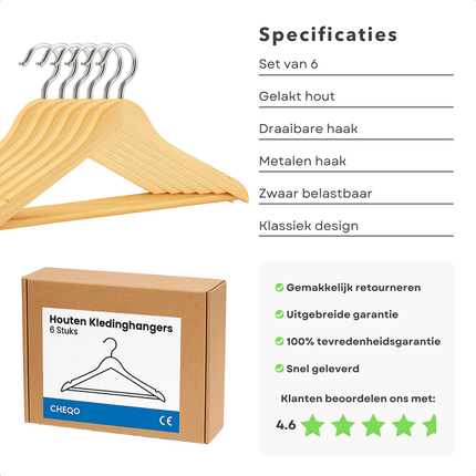 Cheqo® Houten Kledinghangers – Set van 6 – Gelakt Hout – Draaibare Metalen Haak – Geschikt voor Zware Kleding – Duurzaam & Klassiek Design – Ideaal voor Jassen en Colberts - Kleerhangers - Kleding Hangers - Kleerhanger Set