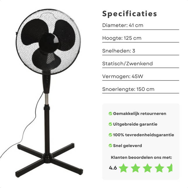 Cheqo® Staande Ventilator met Draaifunctie en 3 Snelheden - Statiefventilator - Fan - Verstelbare Hoogte - Krachtige Luchtcirculatie