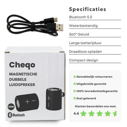 Cheqo® Magnetische Dual Bluetooth Speaker - Draadloze Speaker - Draadloos & Compact - Krachtig Geluid - Zwart
