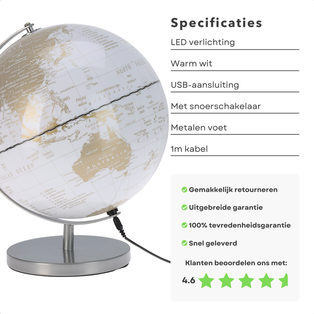 Cheqo® Wereldbol Lamp - Wereldbol Met Verlichting - LED Globe - Nachtlamp - Decoratieve USB Lamp - Wit Goud