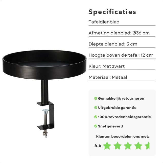 Cheqo® Dienbladtafel Met Klem - Zwart Metaal - Geschikt voor Tafels van 1 tot 6,5 cm Dikte - Tafeldienblad - Voor Woonkamer - Eetkamer - Nachtkastje - Balkon - Tuin - Badkamer - Bijzettafel - Lange Levensduur bijzettafels