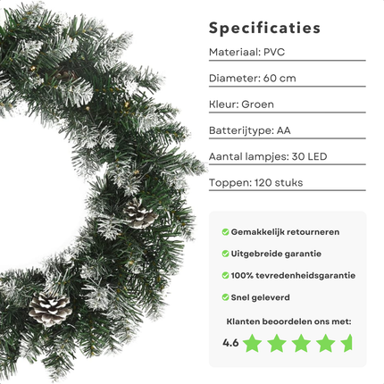 Cheqo® Kerstkrans met Kerstlampjes - LED Verlichting - Deurkrans - Kerstdecoratie - Kerst Krans - 60 cm Weerbestendig - PVC Kunstkerstkrans met Verlichting