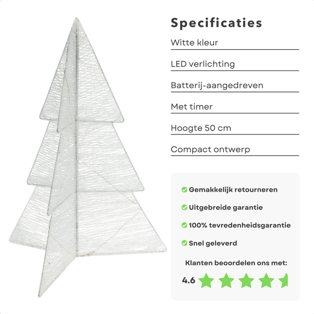 Cheqo® Vouwbare Witte Kerstboom 50 cm - LED Verlichting met Timer - Batterij Aangedreven