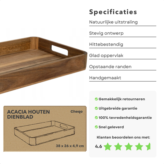 Cheqo® Acacia Houten Dienblad - Bedtafel - Serveerplateau - Ontbijt op Bed Dienblad - Voor Ontbijt en Decoratie - Duurzaam en Stijlvol