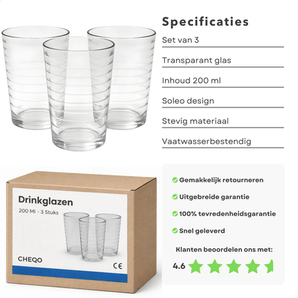 Cheqo® Drinkglazen - Drinkglazen Set - Waterglazen - Waterglazen Set - Drinkglas - Waterglas - Limonadeglazen - Frisdrankglazen - Sapglazen - Theeglazen - Tumbler Glazen - Glazen Set - Transparante Drinkglazen