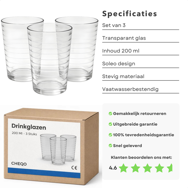 Cheqo® Drinkglazen - Drinkglazen Set - Waterglazen - Waterglazen Set - Drinkglas - Waterglas - Limonadeglazen - Frisdrankglazen - Sapglazen - Theeglazen - Tumbler Glazen - Glazen Set - Transparante Drinkglazen
