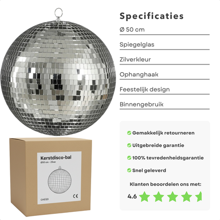 Cheqo® Kerst Discobal - Spiegelbol 50 CM - Zilver Spiegelglas - Disco Bal Zilver - Eenvoudig Op Te Hangen - Kerstversiering - Feestdagen Decoratie - Discobal Ornament - Spiegelglas Discobal - Kerstdecoratie