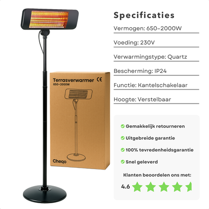 Cheqo® Terrasverwarmer Infrarood - Verstelbare Staande Heater - Elektrisch - Spatwaterdicht IP24 - Infrarood Verwarming Staand