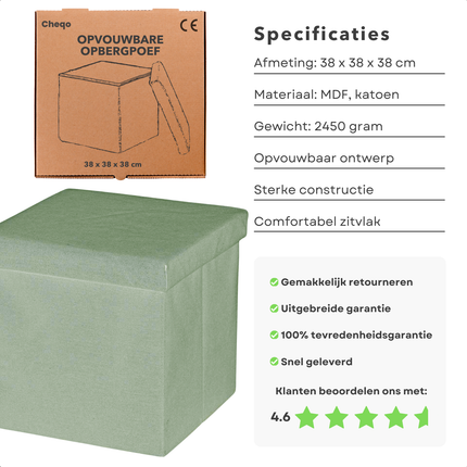 Cheqo® Opvouwbare Poef Met Opbergruimte - Groen - Opbergbox - Organizer - Voetenbankje - Hocker - MDF en Katoen