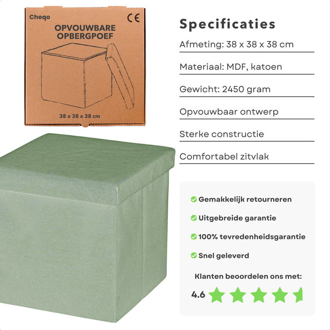 Cheqo® Opvouwbare Poef Met Opbergruimte - Groen - Opbergbox - Organizer - Voetenbankje - Hocker - MDF en Katoen