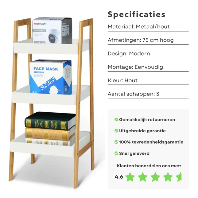 Cheqo® Moderne Wandplank Met Opbergrek - Wandrek - Witte Planken - 75 cm - Wanddecoratie Met Schappen - Eenvoudige Montage - 32 x 30 x H75 cm - Inclusief Handleiding