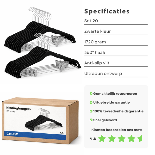 Cheqo® Broekhangers Met Knijpers - Knijperhangers - Rokhangers Met Knijpers - Kledinghangers Met Knijpers - Broekklem Hanger - Kledinghanger Met Klemmen - Zwarte Broekhangers Met Knijpers